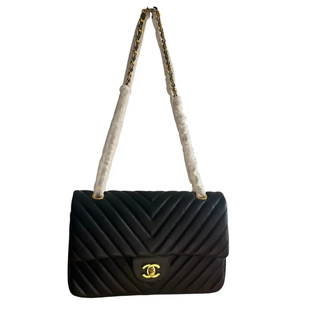 Inspired Vegan Leather Black Chevron Bag With Flap New